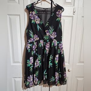 Floral Black Dress Pleated Skirt Sheer Back Zipup | George Size Large